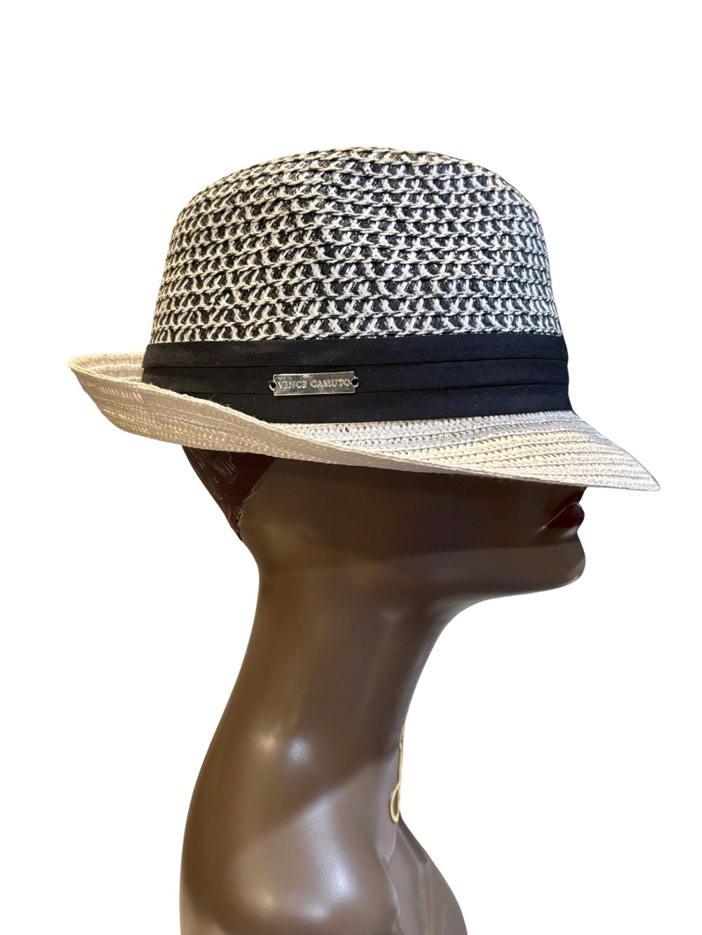 Vince Camuto Paper Straw Fedora Hat Black & White Woven Sun Hat Size S